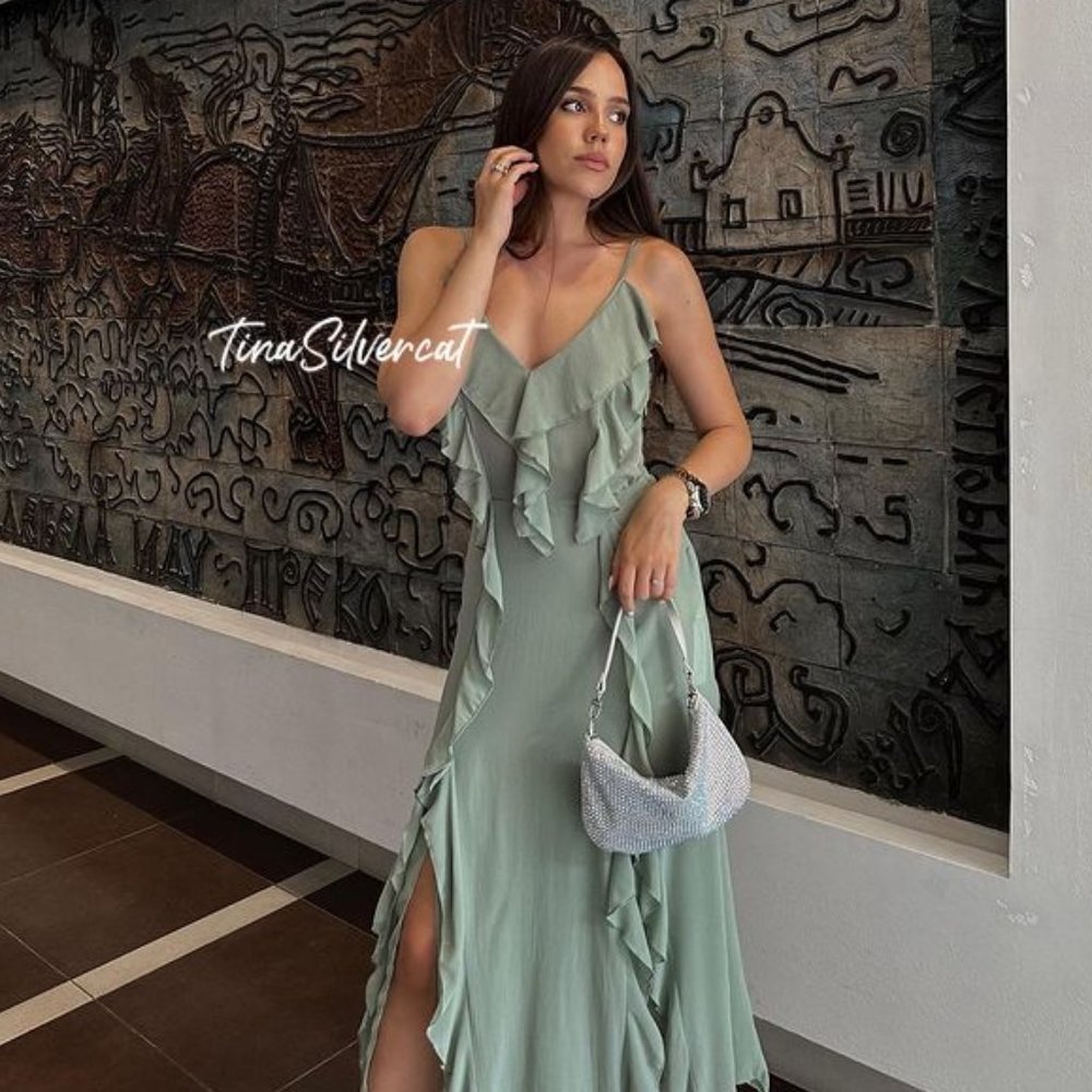 BLOGGER'S FAVE! Zara Long Ruffled Dress Sea Green NWT - Picture 12 of 17